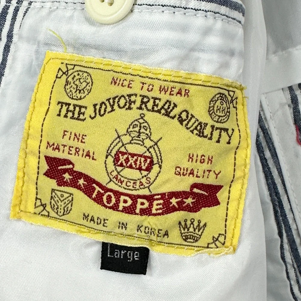 Vtg Toppe Sportscoat Mens L Blue/White Seersucker Jacket Blazer Embroider Crest